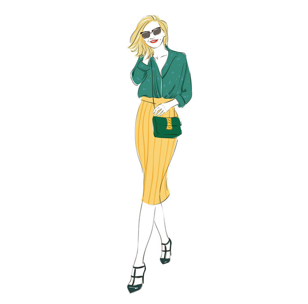 Beautiful fashion hipster young business woman in pencil skirt on high heels with bag. Hand drawn illustration. Vector hand drawn sketch illustration. - Διάνυσμα, εικόνα