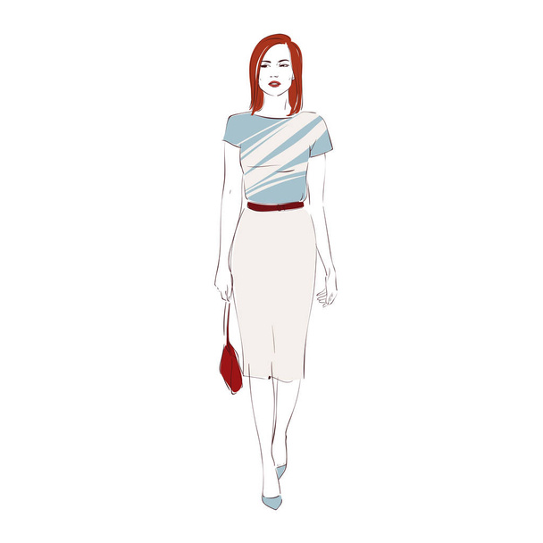 Beautiful fashion red hair hipster young business woman in pencil skirt on high heels with bag. Hand drawn illustration. Vector hand drawn sketch illustration. - Vettoriali, immagini