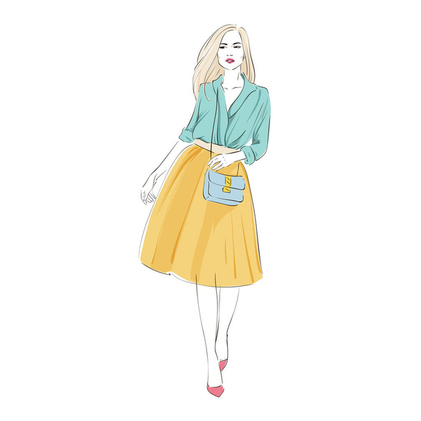 Beautiful young blonde women in a fashion retro clothes with bag on high heels. Vector hand drawn illustration. - ベクター画像