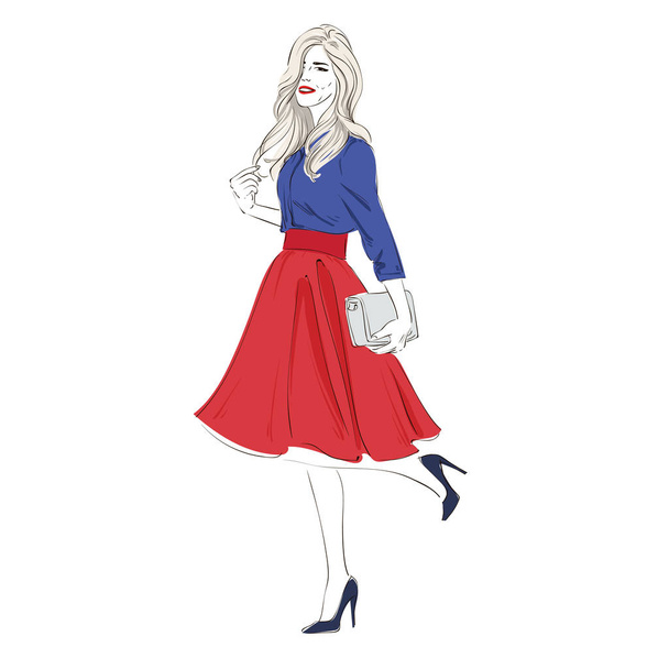 Beautiful young blonde women in a fashion retro clothes with bag on high heels. Vector hand drawn illustration. - Vektor, kép