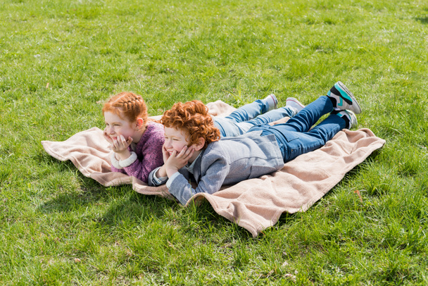 siblings lying on grass  - Фото, изображение