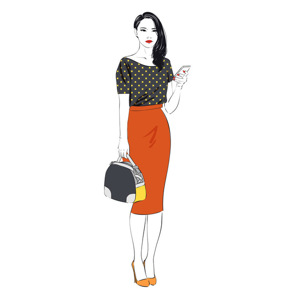 Beautiful fashion hipster young woman in retro midi pencil skirt and smartphone on high heels. Hand drawn illustration. Vector hand drawn sketch illustration. - Вектор,изображение