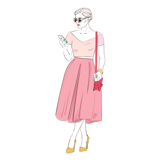 Beautiful fashion hipster blonde young business woman in retro midi skirt and glasses and smartphone on high heels. Hand drawn illustration. Vector hand drawn sketch illustration. - ベクター画像