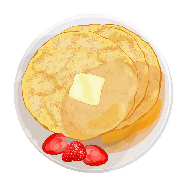 Thin pancakes with strawberries lying on plate isolated illustration - Вектор, зображення