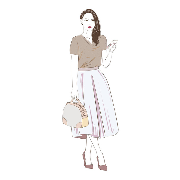 Beautiful young women in a fashion retro clothes midi skirt with bag on high heels holds the smartphone. Vector hand drawn illustration. - Вектор,изображение