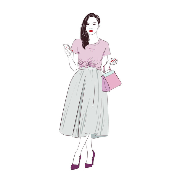 Beautiful fashion hipster young business woman in retro midi skirt and glasses and smartphone on high heels. Hand drawn illustration. Vector hand drawn sketch illustration. - Διάνυσμα, εικόνα