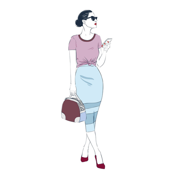 Beautiful fashion hipster young business woman in pencil skirt and glasses high heels holds the smartphone. Hand drawn illustration. Vector hand drawn sketch illustration. - Vektor, kép