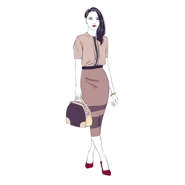 Beautiful young women in a fashion retro clothes midi pencil skirt with bag on high heels. Vector hand drawn illustration. - Vector, Imagen