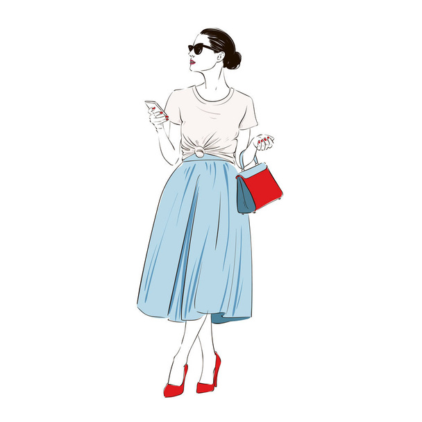 Beautiful, fashion, hipster, young, business, woman, retro, midi, skirt, glasses, smartphone, high, heels., Hand, drawn, illustration., Vector, sketch - Διάνυσμα, εικόνα
