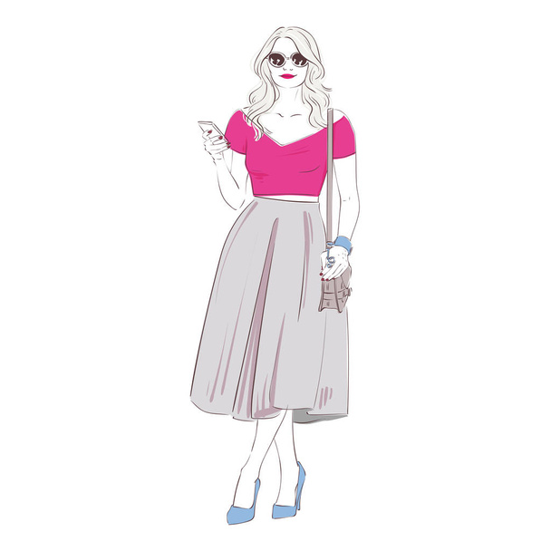 Beautiful young blonde women in a fashion retro clothes with bag on high heels. Vector hand drawn illustration. - Διάνυσμα, εικόνα