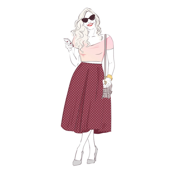 Beautiful young blonde women in a fashion retro clothes with bag on high heels. Vector hand drawn illustration. - Vector, afbeelding
