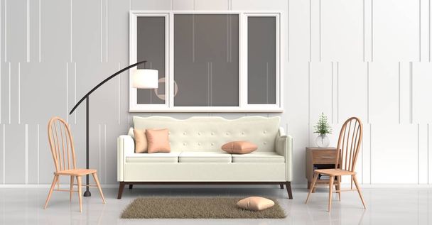 Λευκή αίθουσα διακοσμημένη με κρέμα καναπέ, δέντρο σε γυάλινο βάζο, πορτοκαλί μαξιλάρια, μπλε βιβλίο, Ξύλινο Κομοδίνο, λάμπα, ξύλινη καρέκλα, παράθυρο, τοίχο λευκό τσιμέντο είναι μοτίβο, λευκό πάτωμα τσιμέντου. 3D rendering. - Φωτογραφία, εικόνα