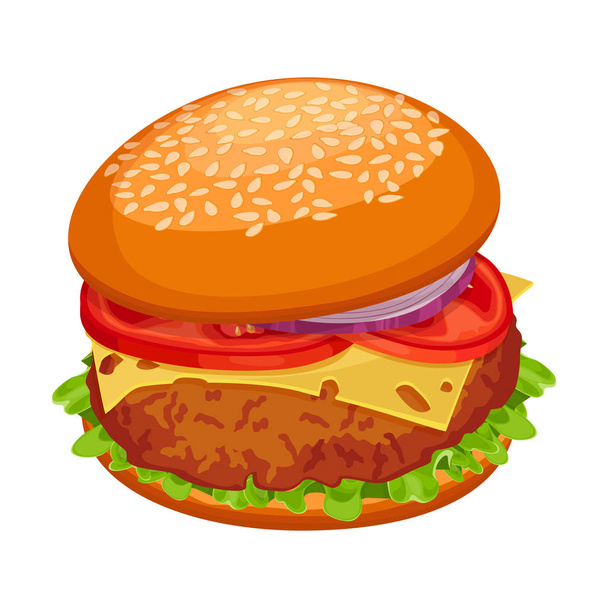 Гамбургер с котлетой, кусочек сыра, салат, помидоры с луком
 - Вектор,изображение