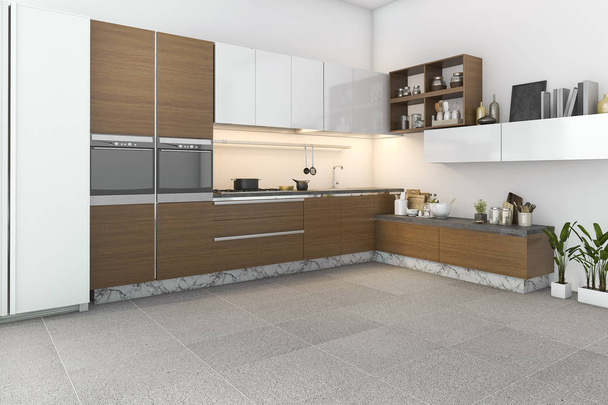 3D renderowania drewna loft kuchnia z barem i strefy życia - Zdjęcie, obraz