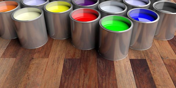 Coloridas latas de pintura sobre fondo de madera, ilustración 3d
 - Foto, Imagen