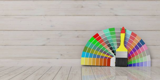 Colors catalogue and paint brush on wooden background. 3d illustration - Photo, Image