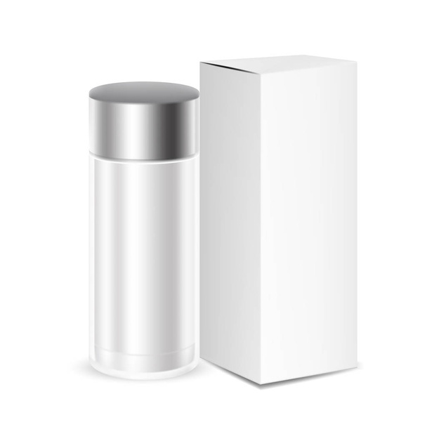 Blanco gris redondo cosmético / medicamento botella o recipiente con caja
  - Vector, imagen