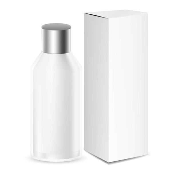 Blanco gris redondo cosmético / medicamento botella o recipiente con caja
 - Vector, Imagen