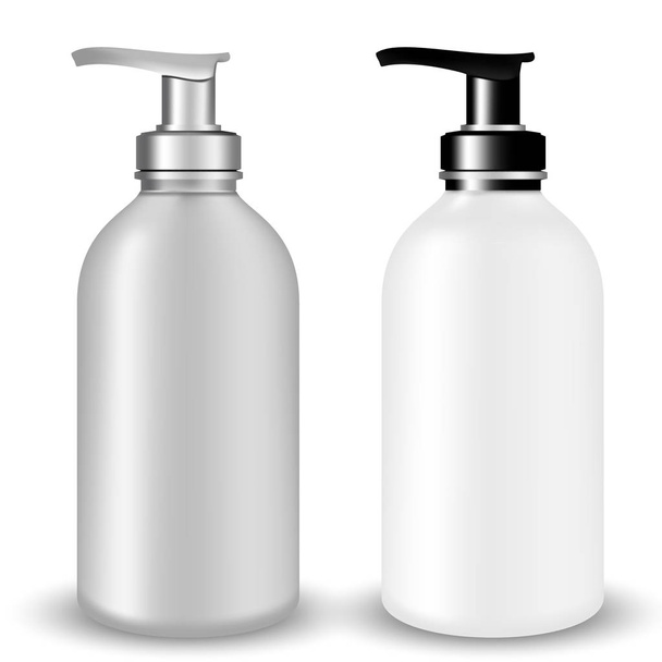 Sada šedé a bílé plastové kosmetické lahvičky kosmetické výrobky s černými a stříbrnými čerpadlo víkem - Vektor, obrázek