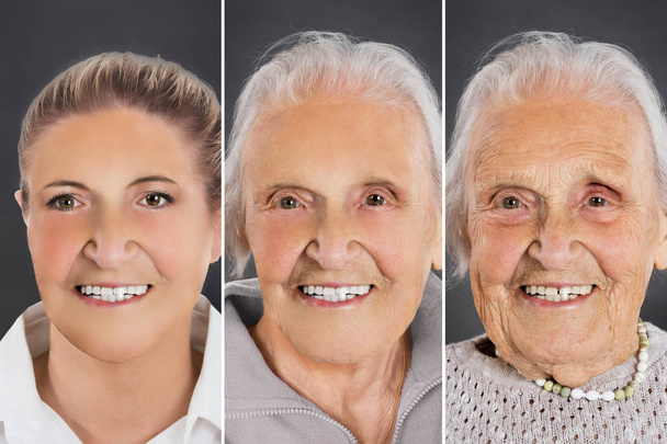 灰色の背景の上の女性の老化のプロセスを示す複数の画像 - 写真・画像