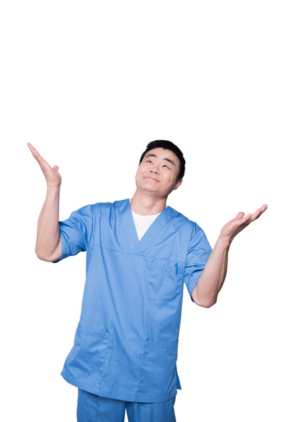 lekarz, podnosząc ręce szczęśliwie - Zdjęcie, obraz