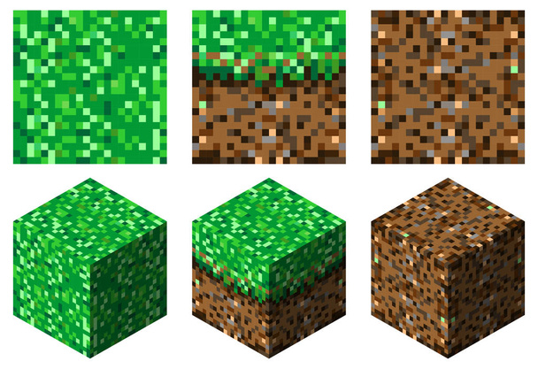 texturas e cubos em estilo minecraft (grama verde-marrom e terra
) - Vetor, Imagem