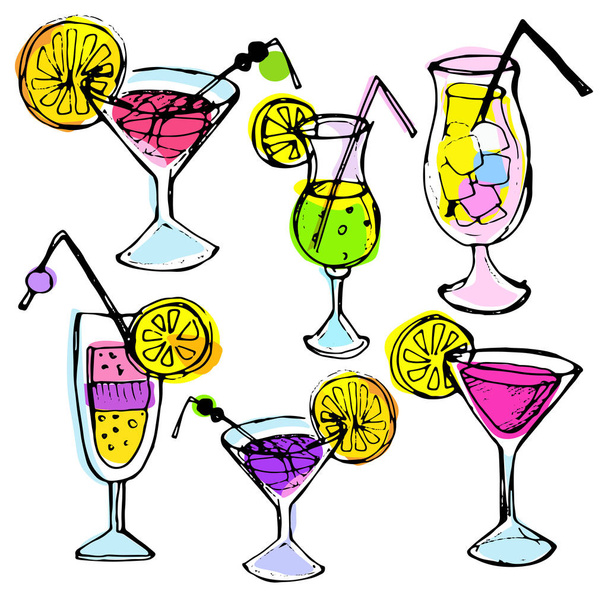 Cocktail set. Elements for the graphic design of the menu bars, restaurants, invitations, announcements. Hand drawn sketch set of alcoholic cocktails. Vintage vector illustration - Vector, Image