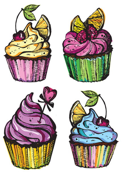 Hand drawn doodle dessert illustration. Cupcake - Vector, Image
