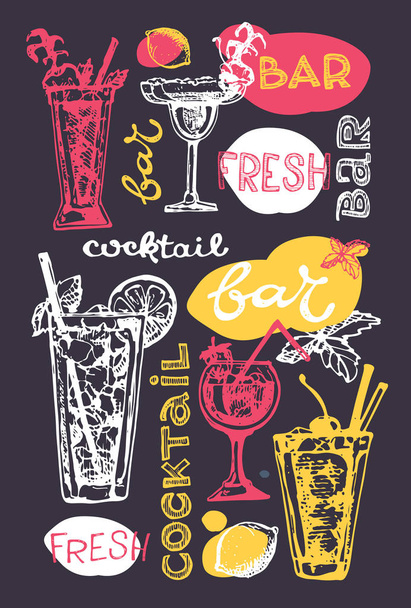 Cocktailset vorhanden. Elemente für die grafische Gestaltung der Menüs, Restaurants, Einladungen, Ansagen. Handgezeichnetes Skizzenset mit alkoholischen Cocktails. Vektor-Illustration - Vektor, Bild