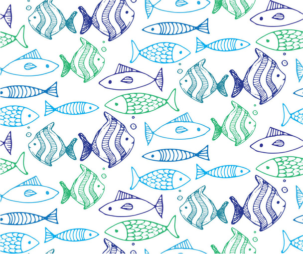 nahtloses Muster mit handgezeichneten Fischen im Cartoon-Stil. Vektorillustration. - Vektor, Bild