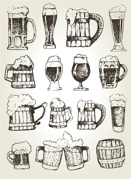 Octoberfest. Vektor szemüveges beer és bögrék a kezében rajzolt stílusban. Sört inni. Vektoros illusztráció. Sör szemüveg vektor készlet. - Vektor, kép