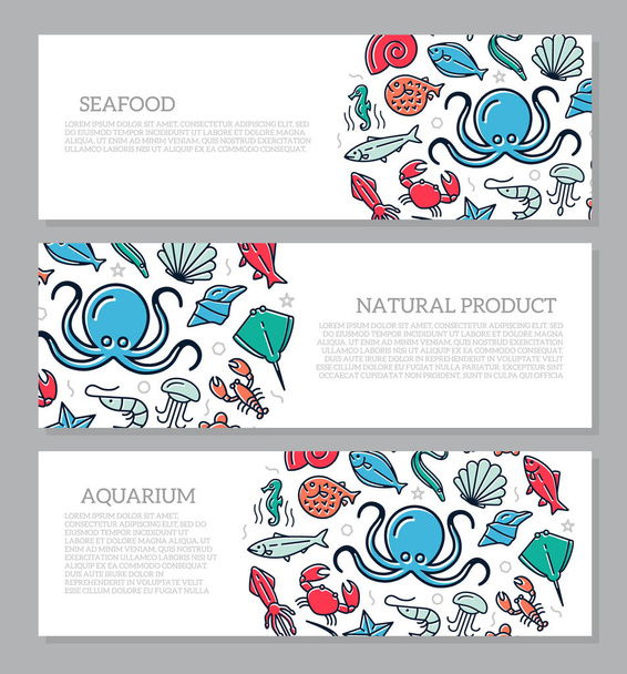 Set of three digital fish and seafood horizontal banners with icon pattern. Vector illustration - Vector, Image