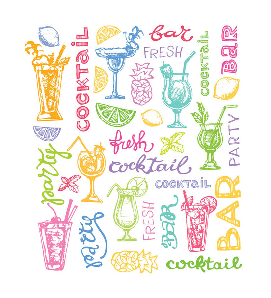 Cocktail set. Elements for the graphic design of the menu bars, restaurants, invitations, announcements. Hand drawn sketch set of alcoholic cocktails. Vintage vector illustration - Vector, Image