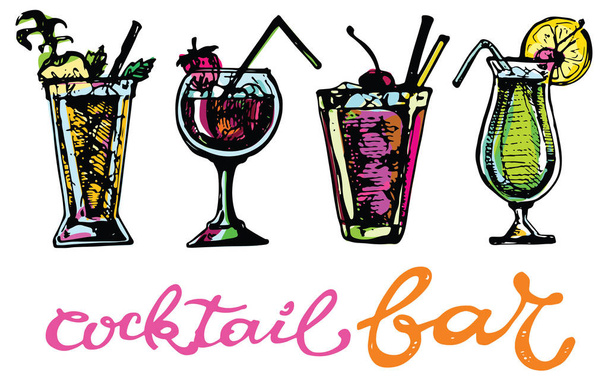 Cocktail set. Elements for the graphic design of the menu bars, restaurants, invitations, announcements. Hand drawn sketch set of alcoholic cocktails. Vintage vector illustration - ベクター画像