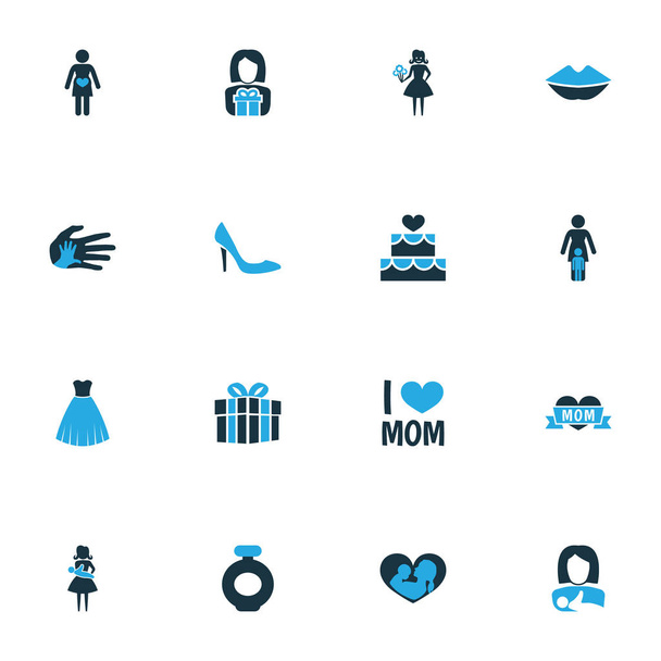 Anyák napi színes ikon tervezési koncepció. Készlet 16 ilyen elemek, mint a jelen, a torta és a virág. A terhesség-, illat- és gyerek gyönyörű szimbólumok. - Vektor, kép