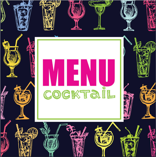 Cocktail set. Elements for the graphic design of the menu bars, restaurants, invitations, announcements. Hand drawn sketch set of alcoholic cocktails. Vintage vector illustration - Vektör, Görsel