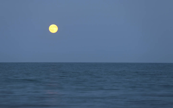 海の向こうの地平線上の赤い満月 - 写真・画像