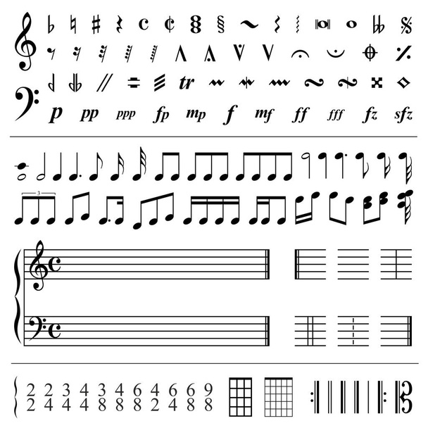 Zenei jegyzetek és szimbólumok - vektor-illusztráció - Vektor, kép