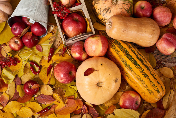 Fundo de outono de folhas amarelas, maçãs, abóbora. Temporada de outono, eco food e conceito de colheita
 - Foto, Imagem