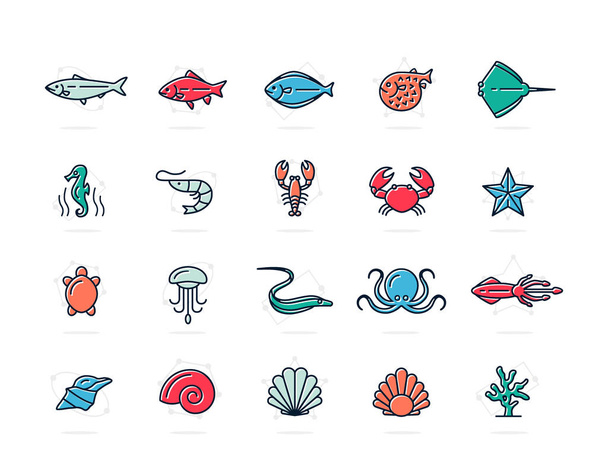 Set di icone di linea colorate di pesci vettori e frutti di mare. Gamberetti, ostriche, calamari, granchi, ell, fugu, aragoste, carpe, storioni, meduse, polpi, tartarughe, stelle marine, coralli, vendere, cavalluccio marino e altro ancora. Modificabile
 - Vettoriali, immagini