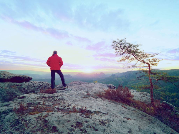 Mann Silhouette auf Klippe. Wanderer in roter Jacke kletterten auf den Gipfel und genossen die Aussicht. Mann wacht über Tal  - Foto, Bild