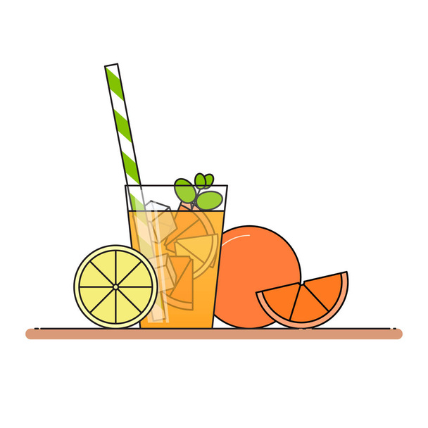 Orange lemonade with fruit slices, ice and meant in glass with straw, cut lemon and orange. Isolated on white background. Modern flat style. Line art. - Vektor, Bild