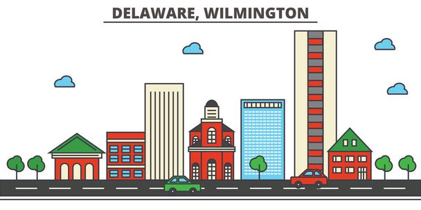 Delaware, Wilmington.City στον ορίζοντα: αρχιτεκτονική, κτήρια, δρόμους, σιλουέτα, τοπίο, Πανόραμα, ορόσημα, εικονίδια. Επεξεργάσιμη εγκεφαλικά επεισόδια. Επίπεδη σχεδίαση γραμμής διανυσματικά εικονογράφηση. - Διάνυσμα, εικόνα