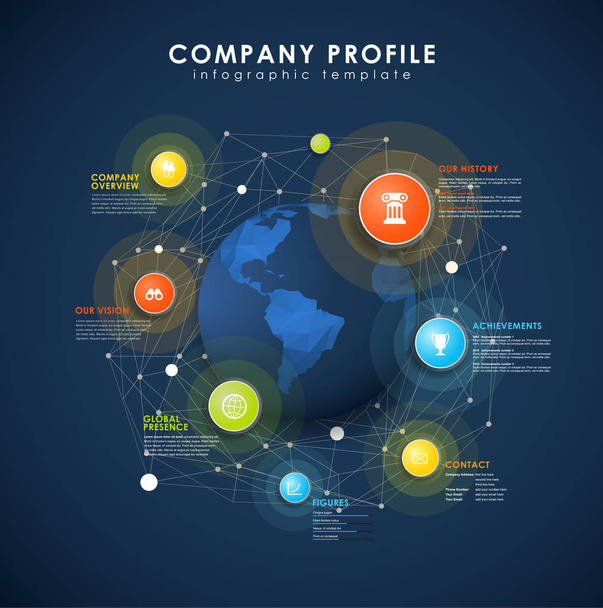 Company profile overview template with colorful circles, dots an - Vector, Imagen
