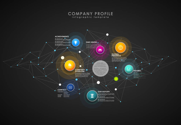 Übersichtsvorlage zum Unternehmensprofil mit bunten Kreisen, Punkten auf - Vektor, Bild