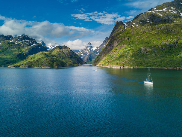 Yachting in Troll fjord. Aerial view - Fotoğraf, Görsel
