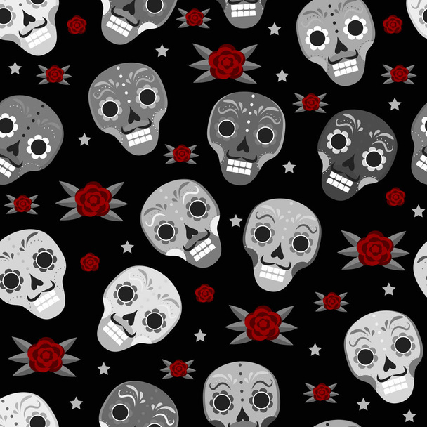 Day of the dead holiday in Mexico seamless pattern with sugar skulls. Skeleton endless background. Dia de Muertos repeating texture. Vector illustration. - Vektor, obrázek