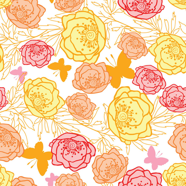 Vector roze, gele, oranje bladeren, vlinders en bloemen zomer naadloze patroon met pastel planten en bladeren op een witte achtergrond. Ideaal voor vakantie thema stof, behang, verpakking. - Vector, afbeelding
