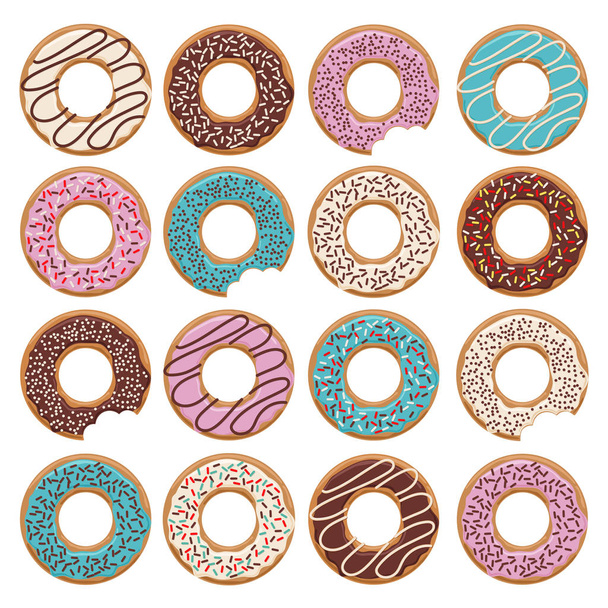 Set van zestien vector geglazuurde donuts  - Vector, afbeelding