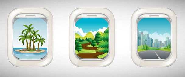 Three airplane windows with different views - Vector, Image